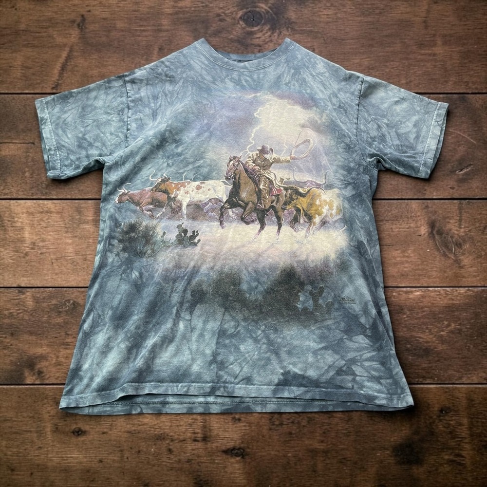 Vintage The Mountain Cowboy Cattle Drive Lightning Tie Dye T-Shirt Blue (L) 2003